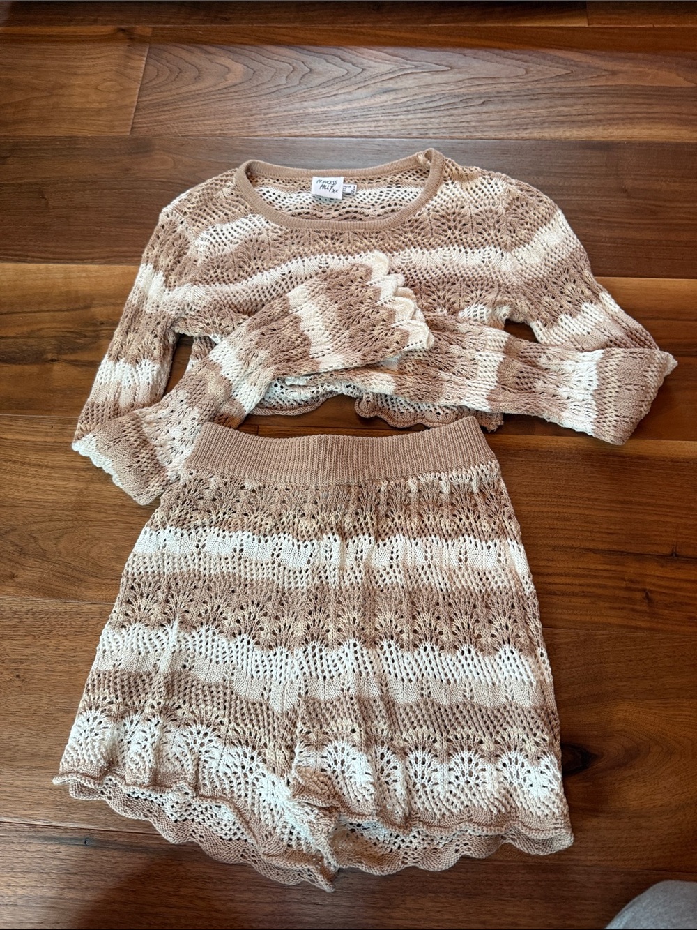 Princess Polly Beige and Cream Crochet Knit Shorts Set